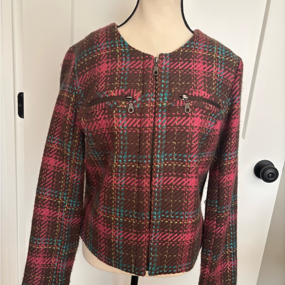 BOSTON DESIGN STUDIO PLAID TWEED FRONT ZIP JACKET  BROWN, PINK, TEAL COLOR. SZ 6